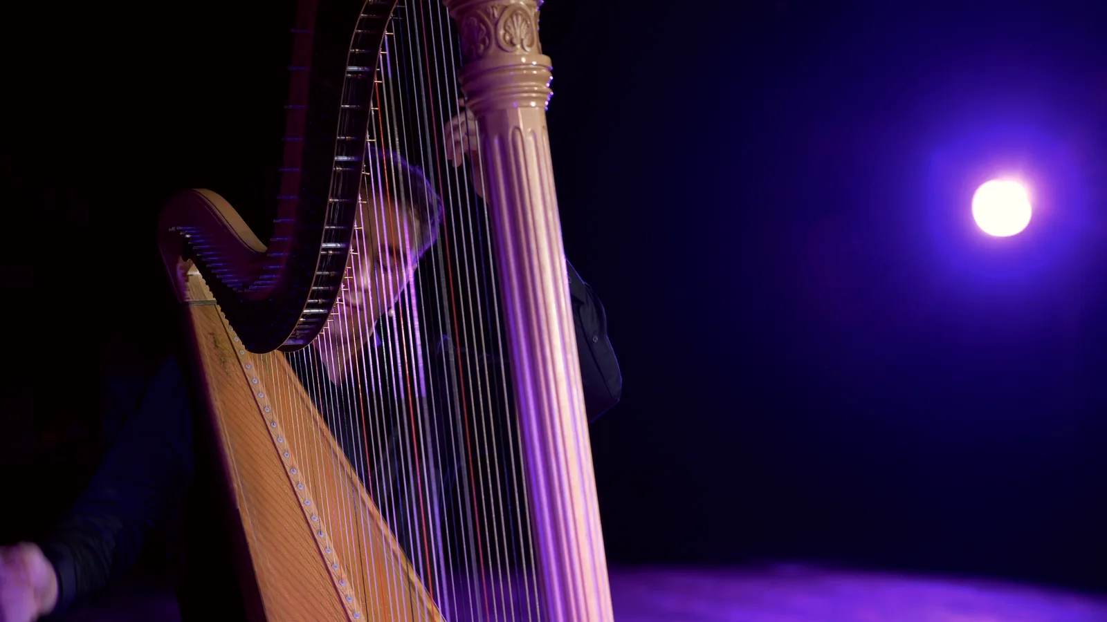 Wide view of Huw Boucher alone on a darkened stage.